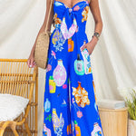 Spaghetti Strap Tie Knot Front Printed Wide Leg Jumpsuit