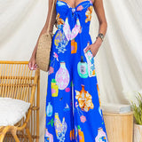 Spaghetti Strap Tie Knot Front Printed Wide Leg Jumpsuit