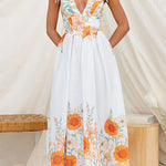 Halter V Neck Lace-up Backless Sunflower Print Maxi Dress