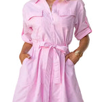 Rolled Up Sleeves Bow Waist Pocketed Mini Shift Dress