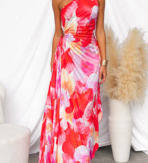 One Shoulder Sleeveless Print Asymmetric Maxi Pleated Dress