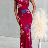 Asymmetrical Shoulder Floral Print Bodycon Maxi Dress