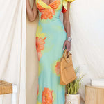 V Neck Ruffle Short Sleeves Floral Print Maxi Dress