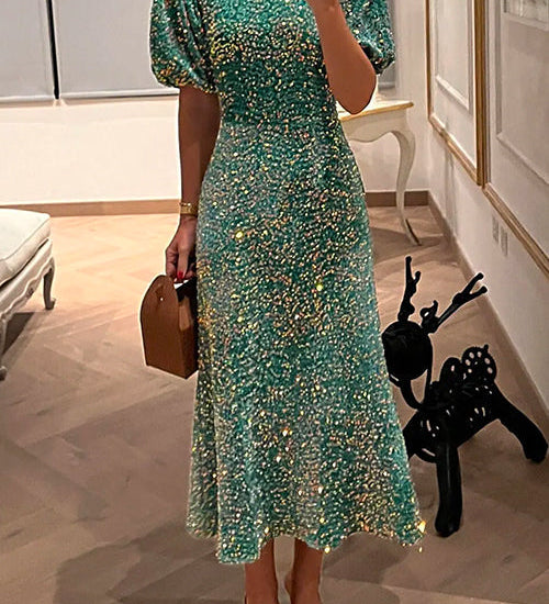 Puff Short Sleeves Waisted Sequin Midi Party Dress
