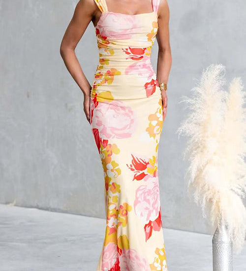 Sleeveless Floral Print Bodycon Maxi Dress