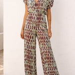V Neck Short Sleeves Waisted Printed Straight Leg Jumpsuit