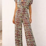 V Neck Short Sleeves Waisted Printed Straight Leg Jumpsuit