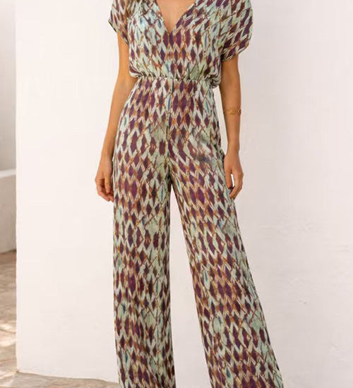 V Neck Short Sleeves Waisted Printed Straight Leg Jumpsuit