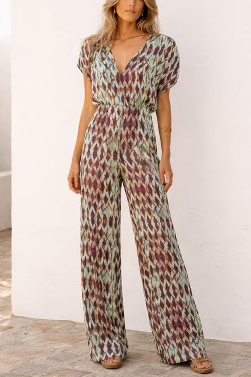 V Neck Short Sleeves Waisted Printed Straight Leg Jumpsuit