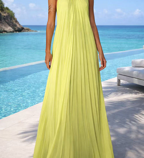 Halter Neck Open Back Pleated Maxi Dress