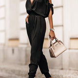 Margovil Wrap V Neck Cold Shoulder Elastic Waist Jogger Jumpsuit
