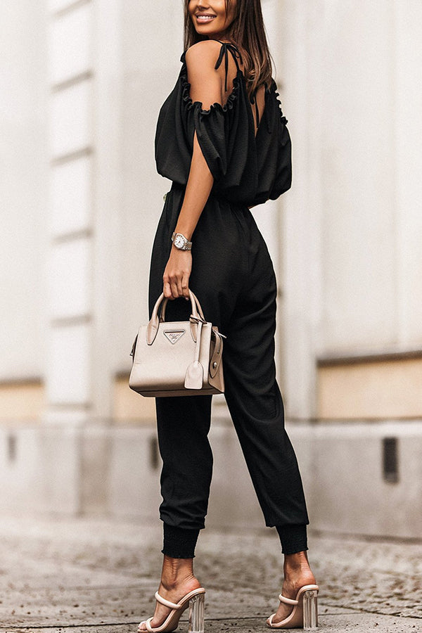 Margovil Wrap V Neck Cold Shoulder Elastic Waist Jogger Jumpsuit