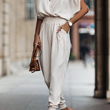 Margovil Wrap V Neck Cold Shoulder Elastic Waist Jogger Jumpsuit