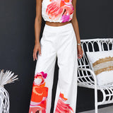 One Shoulder Sleeveless Crop Top Wide Leg Pants Printed Set