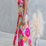 One Shoulder Sleeveless Floral Print Draped Maxi Dress