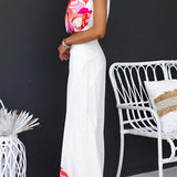 One Shoulder Sleeveless Crop Top Wide Leg Pants Printed Set