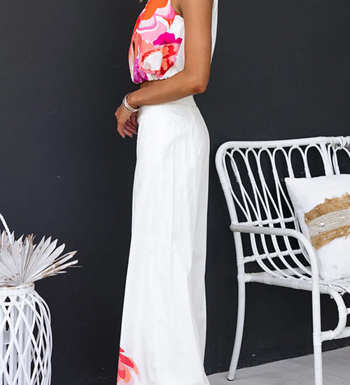 One Shoulder Sleeveless Crop Top Wide Leg Pants Printed Set