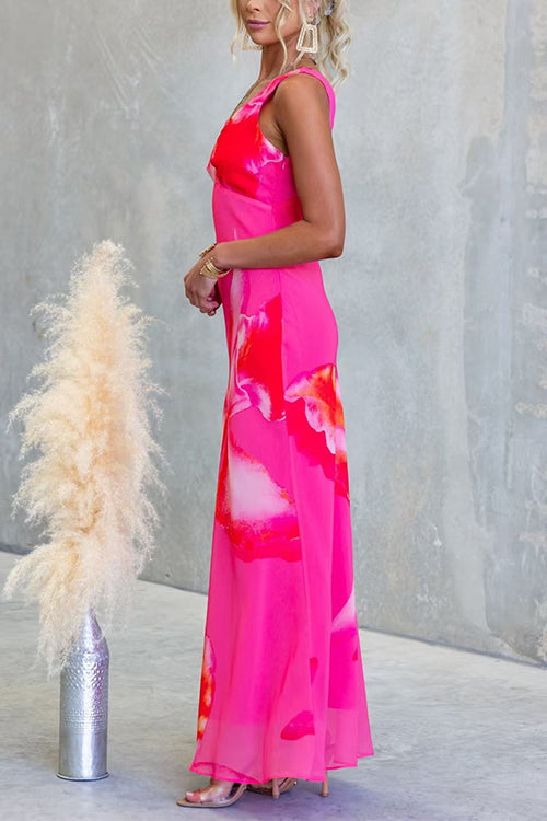 V Neck Sleeveless Floral Print Maxi Dress