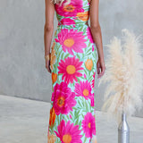 One Shoulder Sleeveless Floral Print Draped Maxi Dress