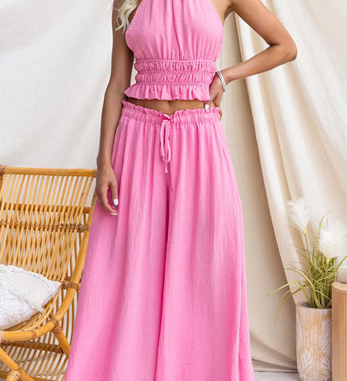 Elastic Waist Pocketed Wide Leg Palazzo Pants