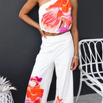 One Shoulder Sleeveless Crop Top Wide Leg Pants Printed Set