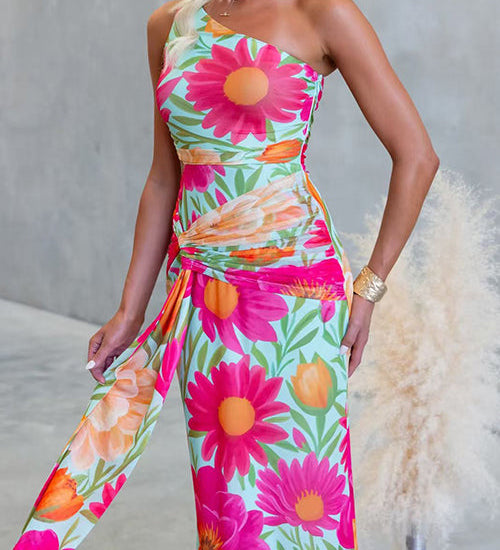 One Shoulder Sleeveless Floral Print Draped Maxi Dress