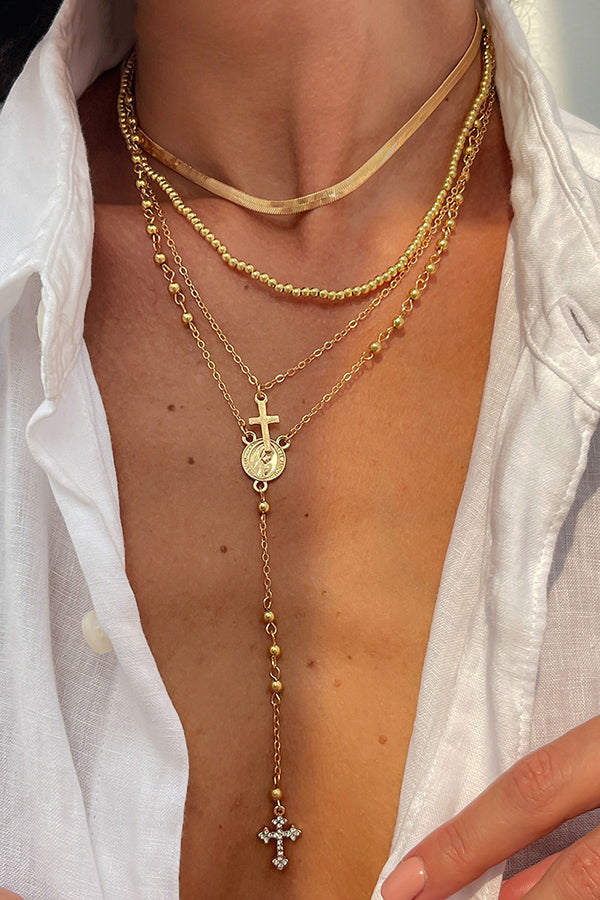 Colar elegante de várias camadas com corrente cruzada e diamantes