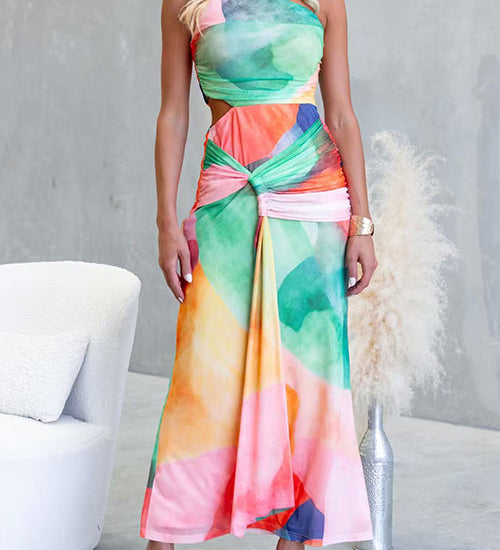 One Shoulder Sleeveless Cut Out Waist Printed Maxi Dress