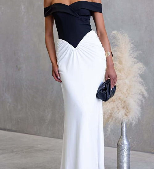 Off Shoulder Zipper Back Color Block Maxi Dress