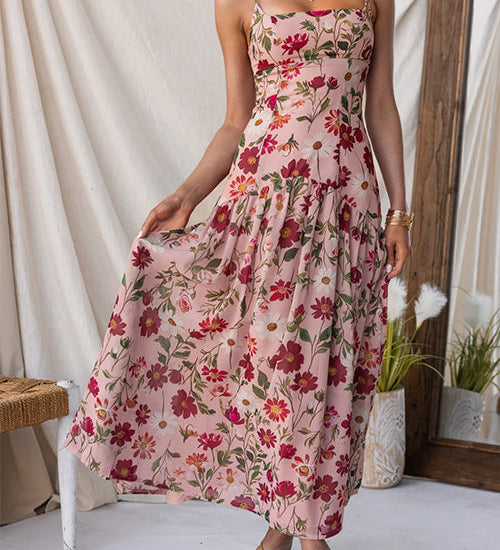 Spaghetti Strap Drop Waist Floral Print Maxi Dress