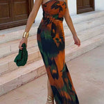 Strapless Cut Out Waist Back Slit Printed Maxi Dress