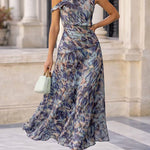 Asymmetrical Shoulder Printed Ruffle Hem Flowy Maxi Dress