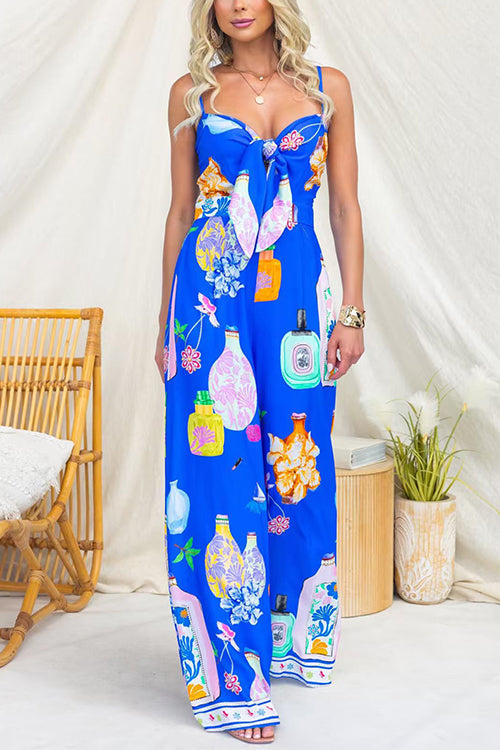 Spaghetti Strap Tie Knot Front Printed Wide Leg Jumpsuit