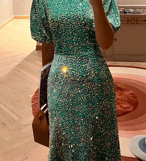 Puff Short Sleeves Waisted Sequin Midi Party Dress