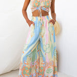 Crewneck Smocked Drawstring Printed Crop Tank Top