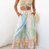 Crewneck Smocked Drawstring Printed Crop Tank Top