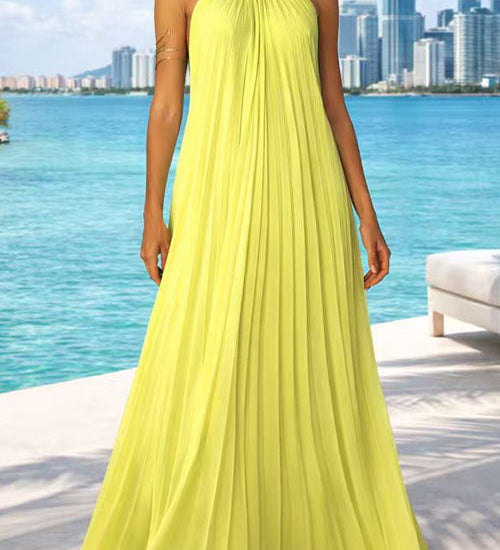Halter Neck Open Back Pleated Maxi Dress
