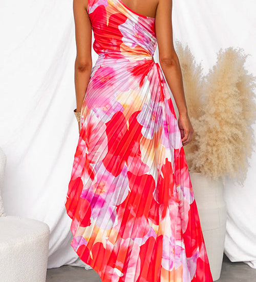 One Shoulder Sleeveless Print Asymmetric Maxi Pleated Dress