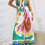 Margovil Spaghetti Strap Cut Out Unique Print Wide Leg Jumpsuit