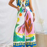 Margovil Spaghetti Strap Cut Out Unique Print Wide Leg Jumpsuit