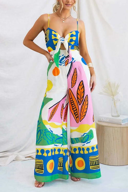 Margovil Spaghetti Strap Cut Out Unique Print Wide Leg Jumpsuit