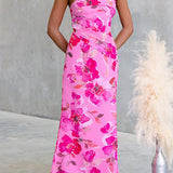 One Shoulder Sleeveless Floral Print Slit Maxi Dress