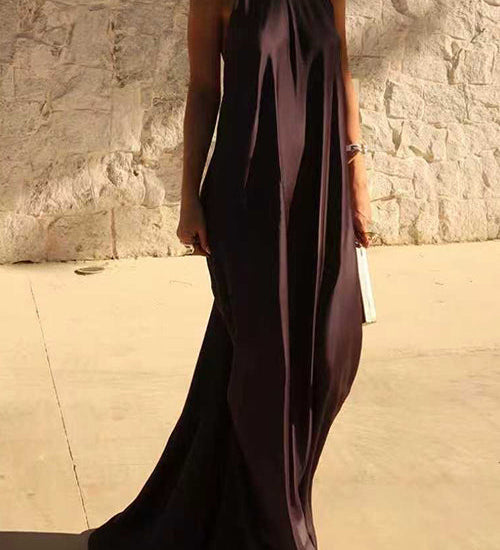 Sleeveless Open Back Solid Satin Maxi Dress