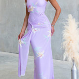 One Shoulder Cut Out Waist Floral Print Draped Maxi Dress