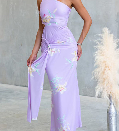 One Shoulder Cut Out Waist Floral Print Draped Maxi Dress