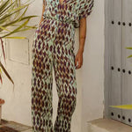 V Neck Short Sleeves Waisted Printed Straight Leg Jumpsuit