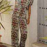 V Neck Short Sleeves Waisted Printed Straight Leg Jumpsuit