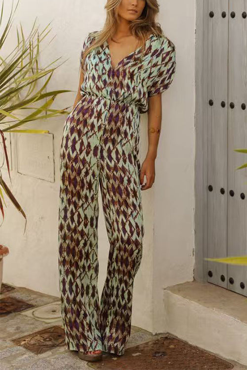 V Neck Short Sleeves Waisted Printed Straight Leg Jumpsuit