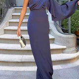One Shoulder Long Sleeve Side Slit Satin Maxi Dress