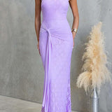 Square Neck Sleeveless Ruched Knot Lace Maxi Dress